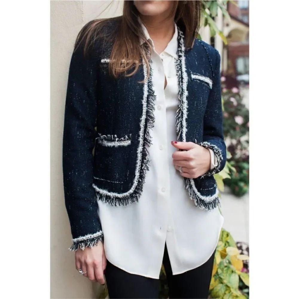 Rebecca Taylor Rio Fringe-Trim Tweed Jacket Navy Blue